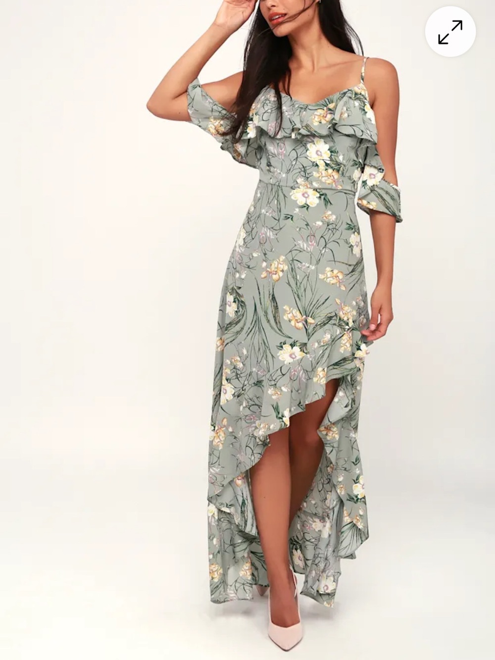 Strut & Bolt Floral High-Low Ruffle Maxi Dress NWT Sage Green Small